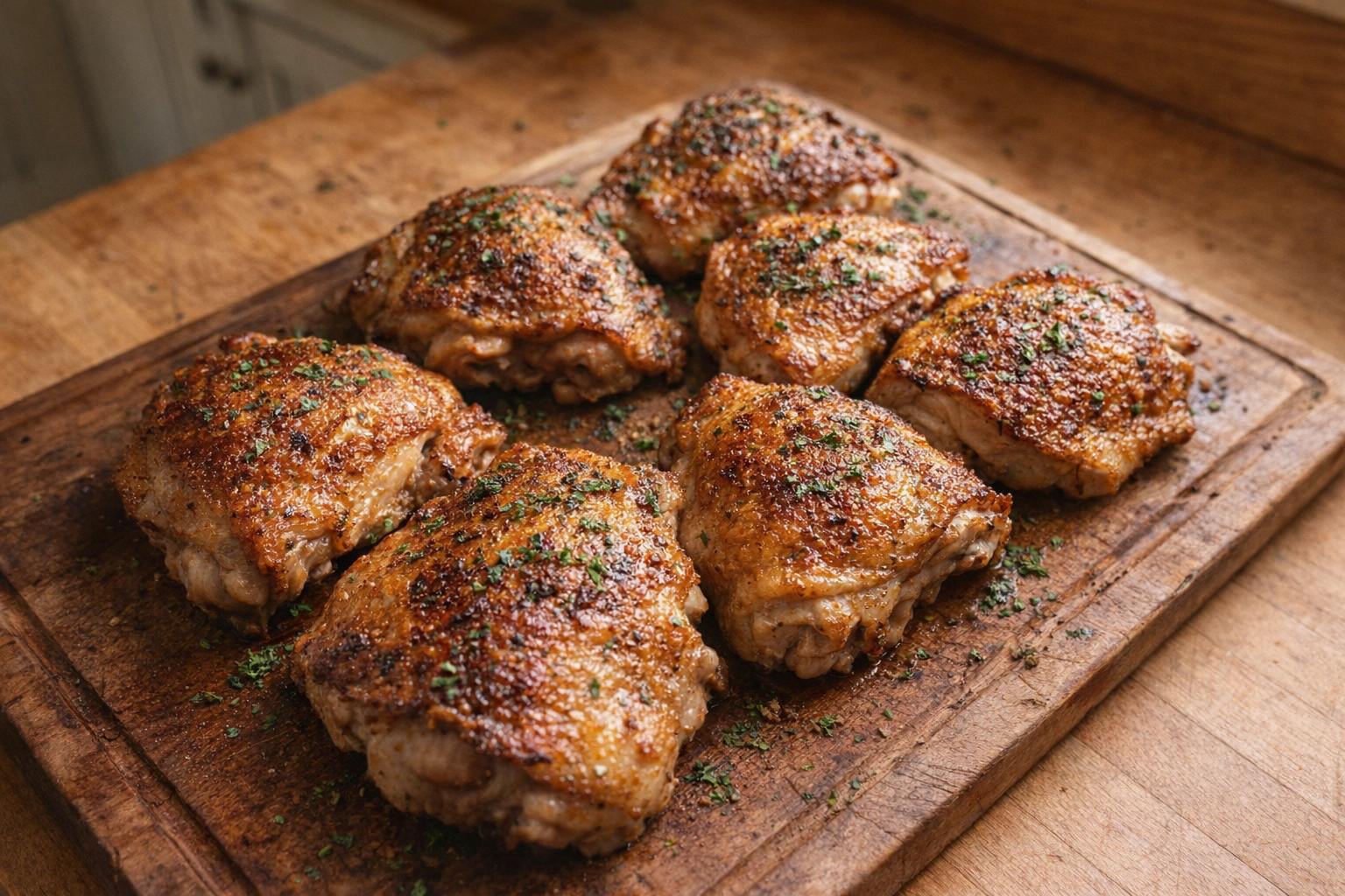 A top-down view of golden brown baked chicken thighs, skin crispy, arranged on a rustic wooden cutting board with herbs sprinkled on top, warm overhead lighting